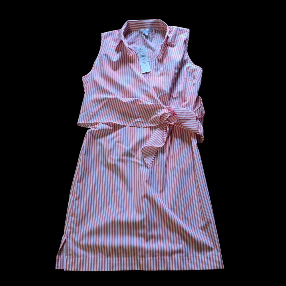 NWT, Foxcroft Women's Pink Striped Collared Slit Short Wrap Dress, Size 18